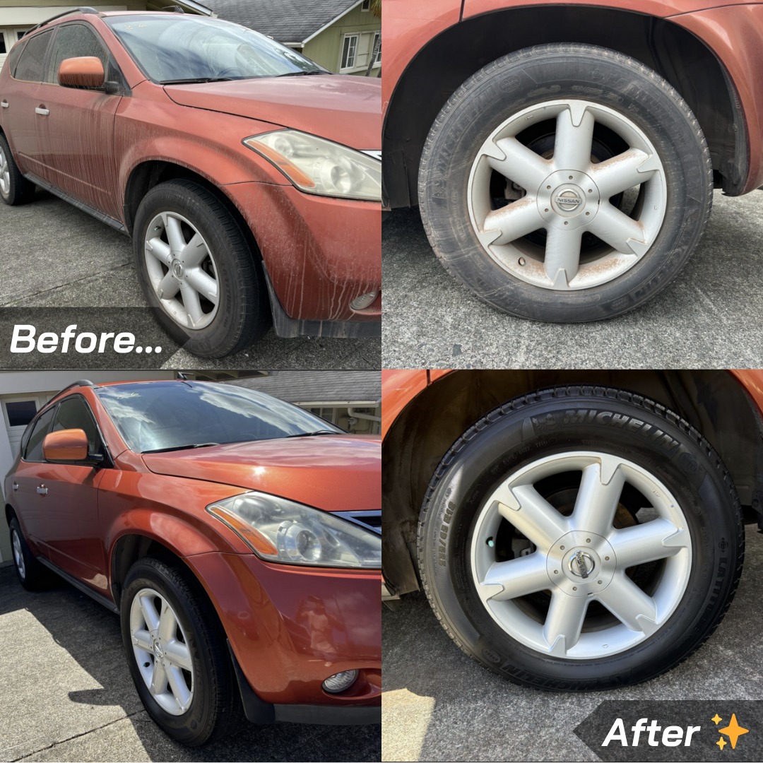 Before and after premium detail on Nissan Murano — paint and wheel transformation