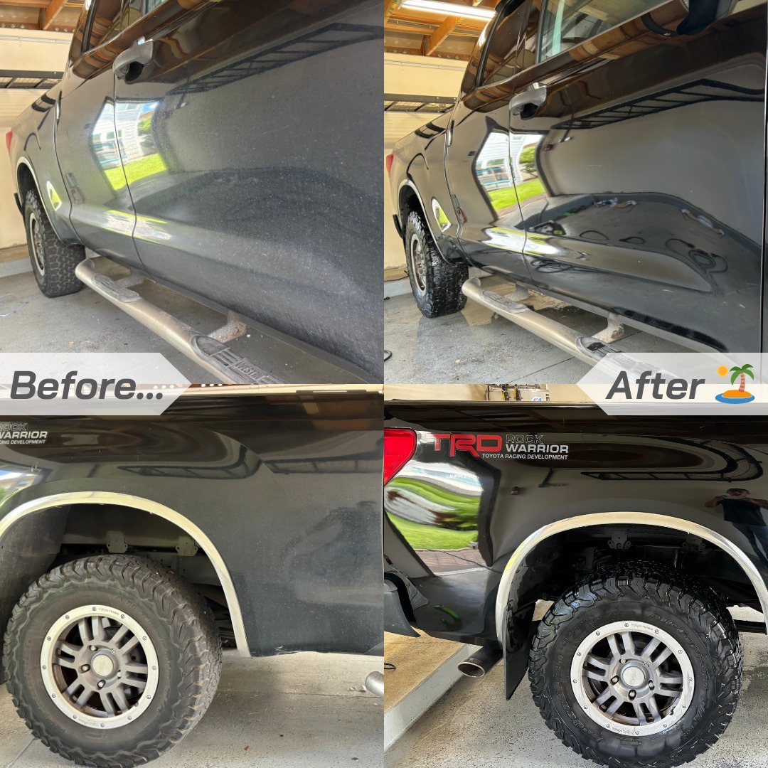 Before and after ultimate detail on black Toyota TRD truck — mirror finish